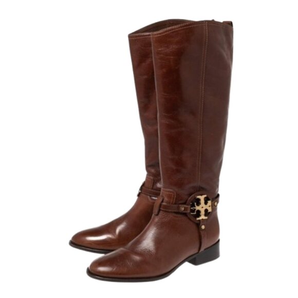 Tory Burch Riding Boots Cognac Brown Leather Size 6 Knee High - Picture 1 of 4